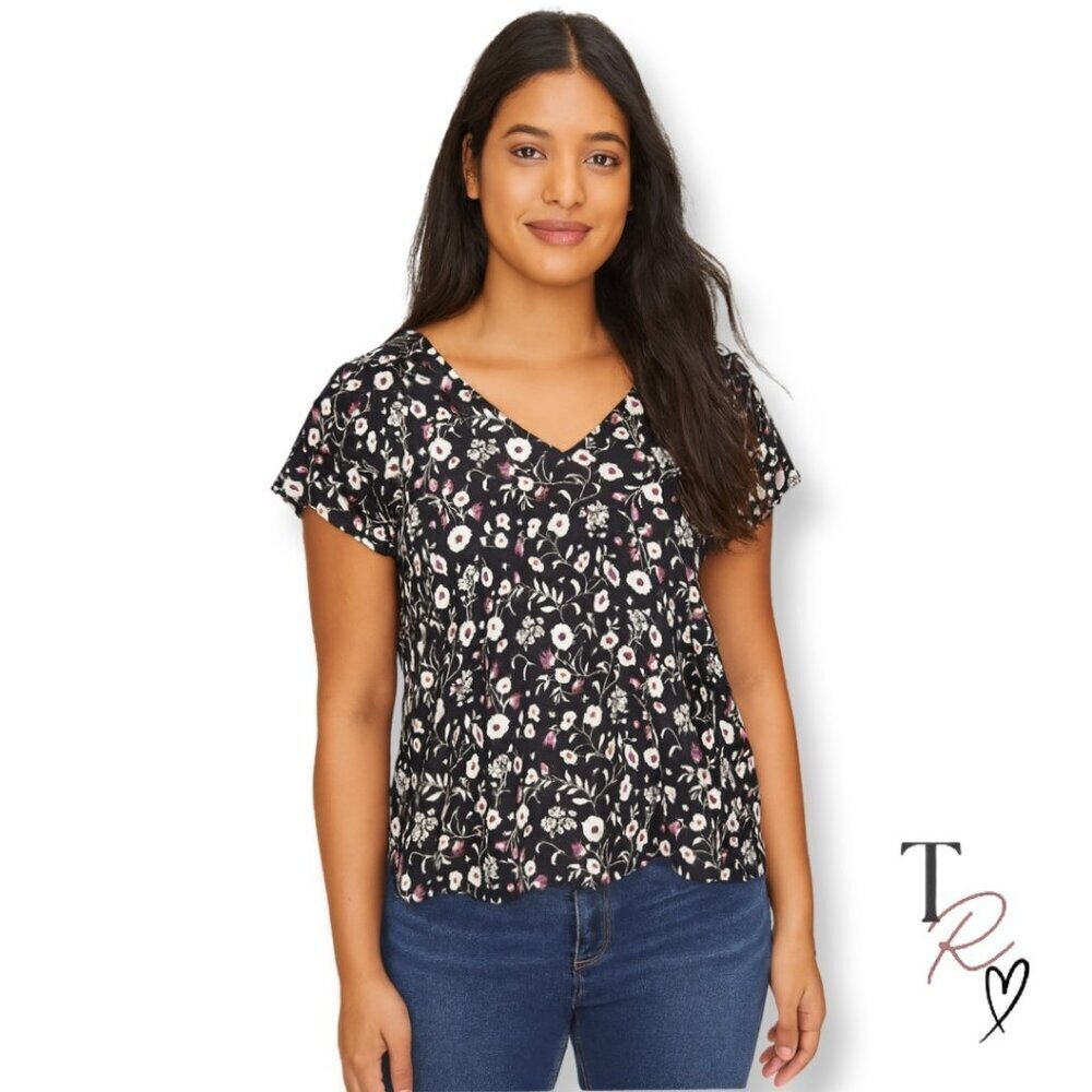 LOFT Floral V-Neck Blouse Black Short Sleeve Top Size XL